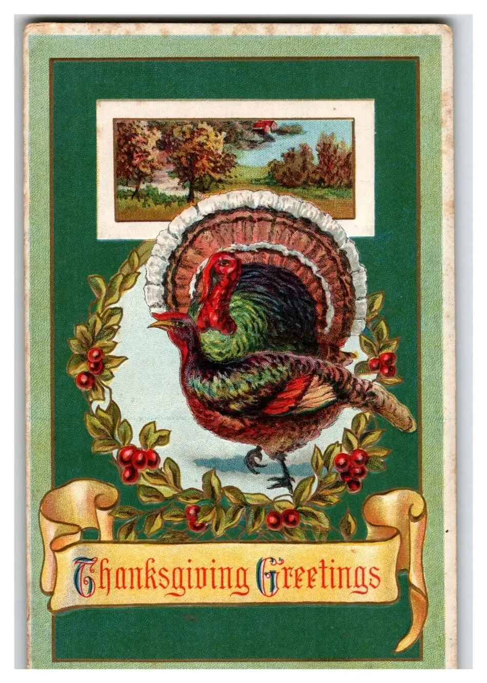 Antique Thanksgiving Turkey Postcard Embossed Autumn Landscape Berries 1907-1915